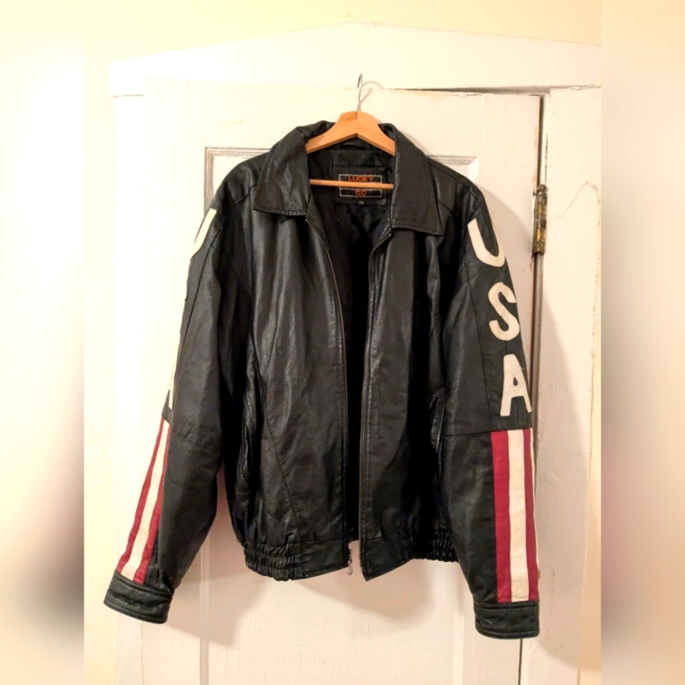 Vintage leather jacket USA Flag